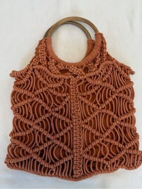 Boho Macrame Handbag Wooden Handle Rust Woven Tote 70s Style Statement Bag